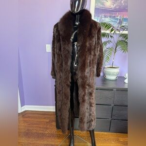 Brown mink fur coat with fox fur tuxedo